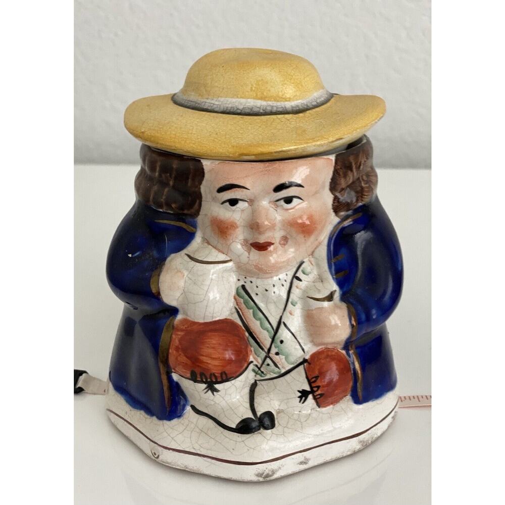 Vintage Majolica Tobacco Humidor‎ Lidded Jar Man in Hat